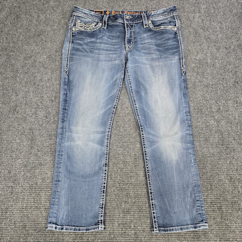 Rock Revival Ennis Easy Crop Jeans Womens 32 Blue Embroidered Flap Pocket